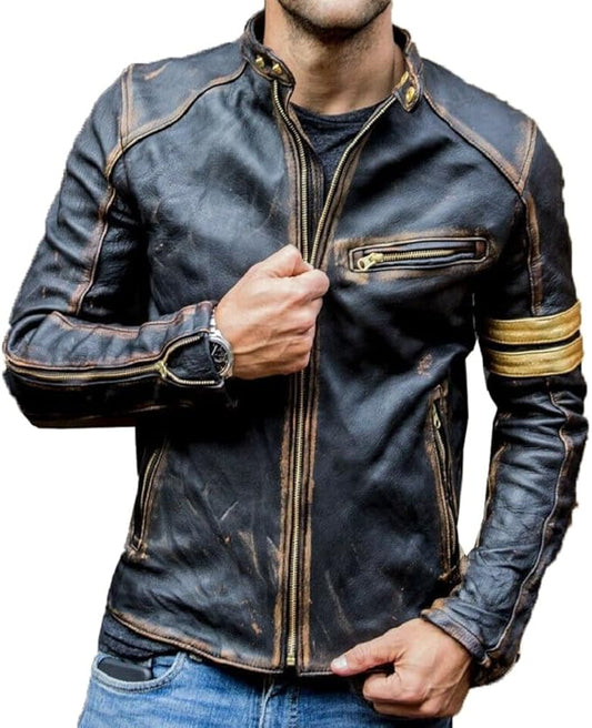 Mens Real Leather Biker Cafe Racer Vintage Motorcycle Distressed Black Genuine Leather Jacket