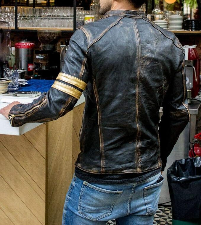 Mens Real Leather Biker Cafe Racer Vintage Motorcycle Distressed Black Genuine Leather Jacket