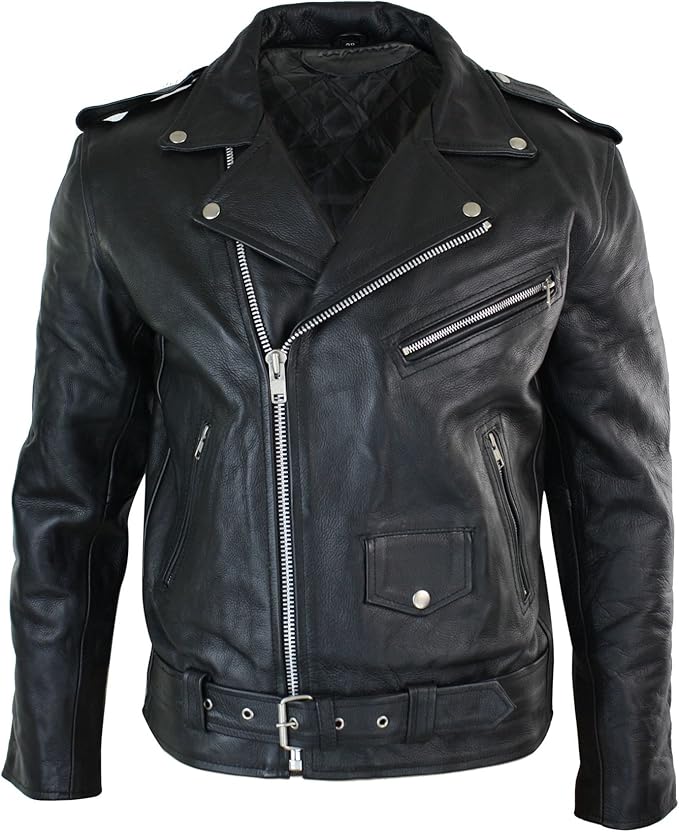 Mens Cow Hide Original Cross Zip Brando Biker Motorcycle Real Leather Jacket