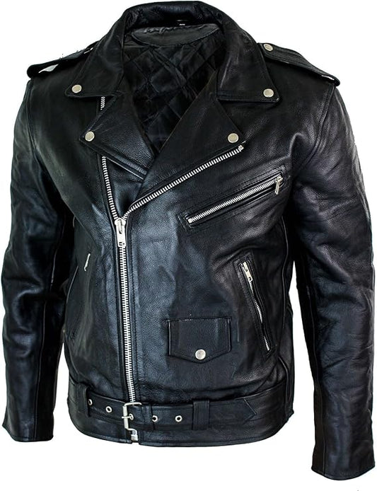 Mens Cow Hide Original Cross Zip Brando Biker Motorcycle Real Leather Jacket