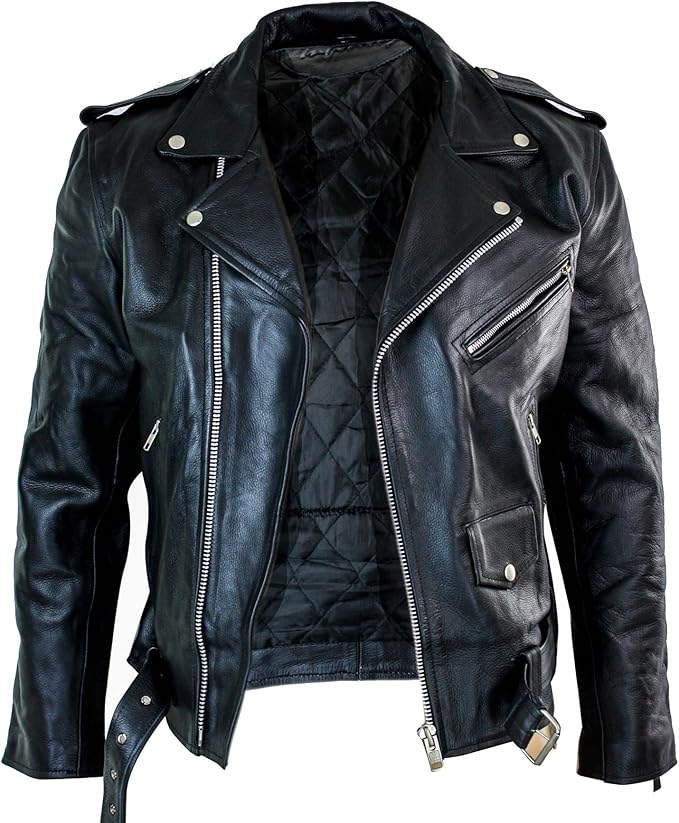 Mens Cow Hide Original Cross Zip Brando Biker Motorcycle Real Leather Jacket