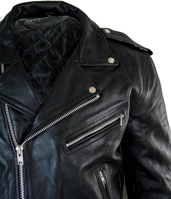 Mens Cow Hide Original Cross Zip Brando Biker Motorcycle Real Leather Jacket